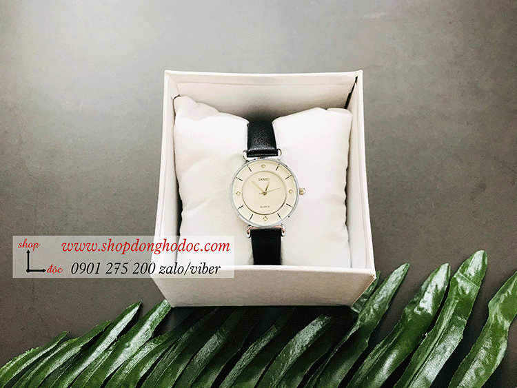 Đồng hồ nữ Skmei dây da mặt tròn size nhỏ đen hiện đại ĐHĐ26901