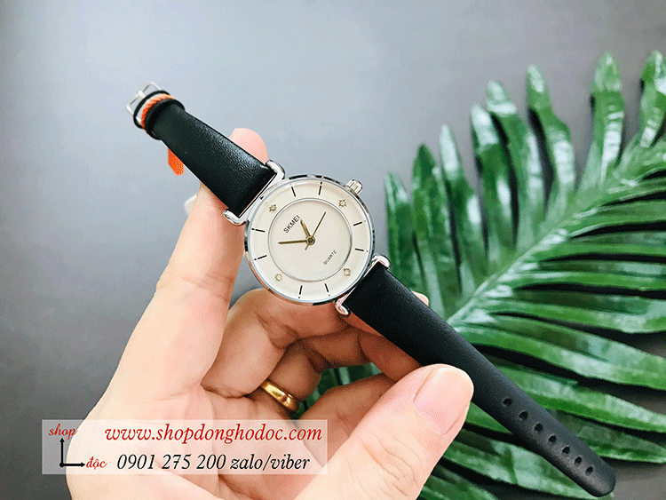 Đồng hồ nữ Skmei dây da mặt tròn size nhỏ đen hiện đại ĐHĐ26901