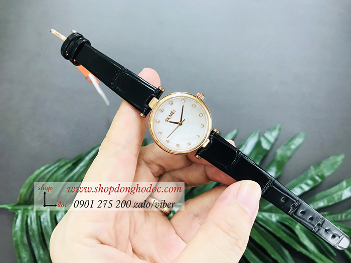 Đồng hồ nữ Skmei dây da mặt tròn size nhỏ đen thanh lịch ĐHĐ36702
