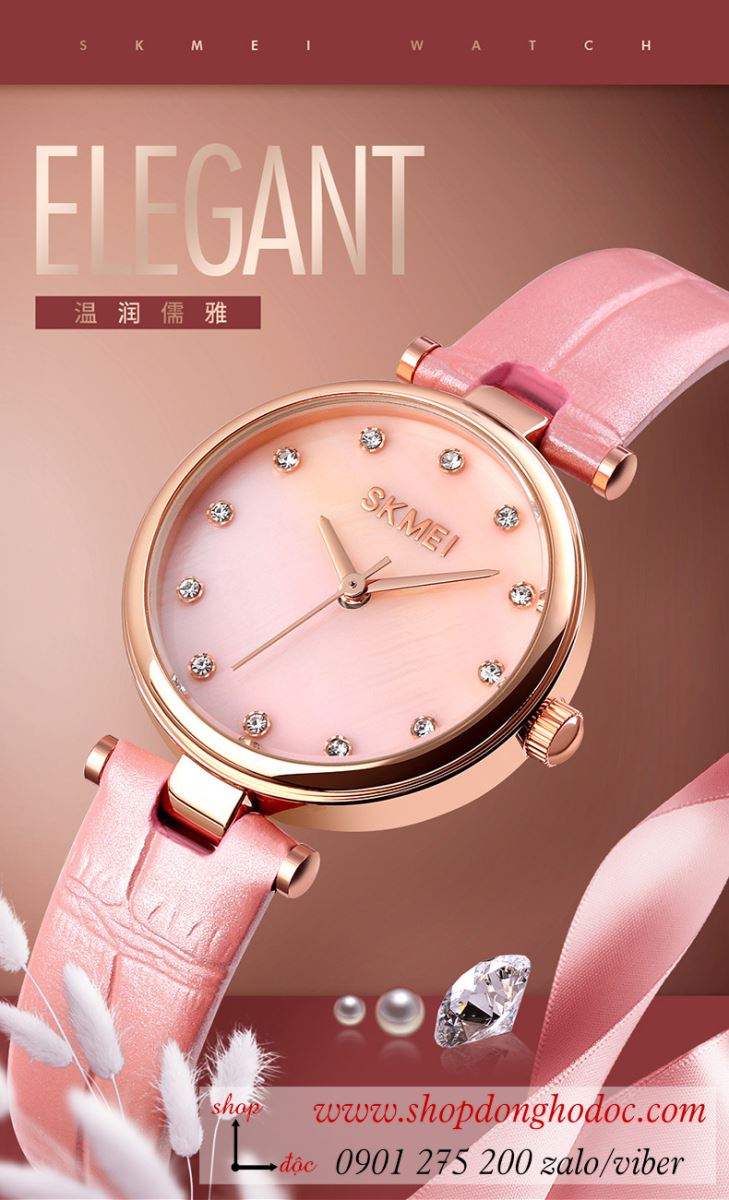 Đồng hồ nữ Skmei dây da mặt tròn size nhỏ hồng pastel ngọt ngào ĐHĐ36703