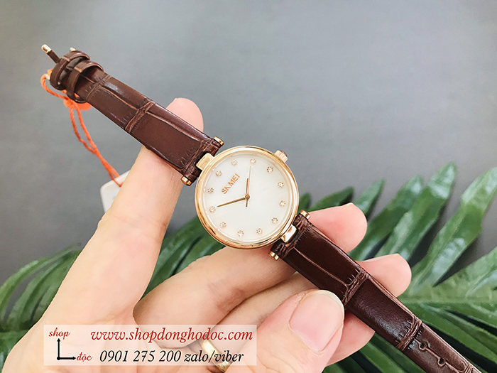 Đồng hồ nữ Skmei dây da mặt tròn size nhỏ nâu cổ điển ĐHĐ36701