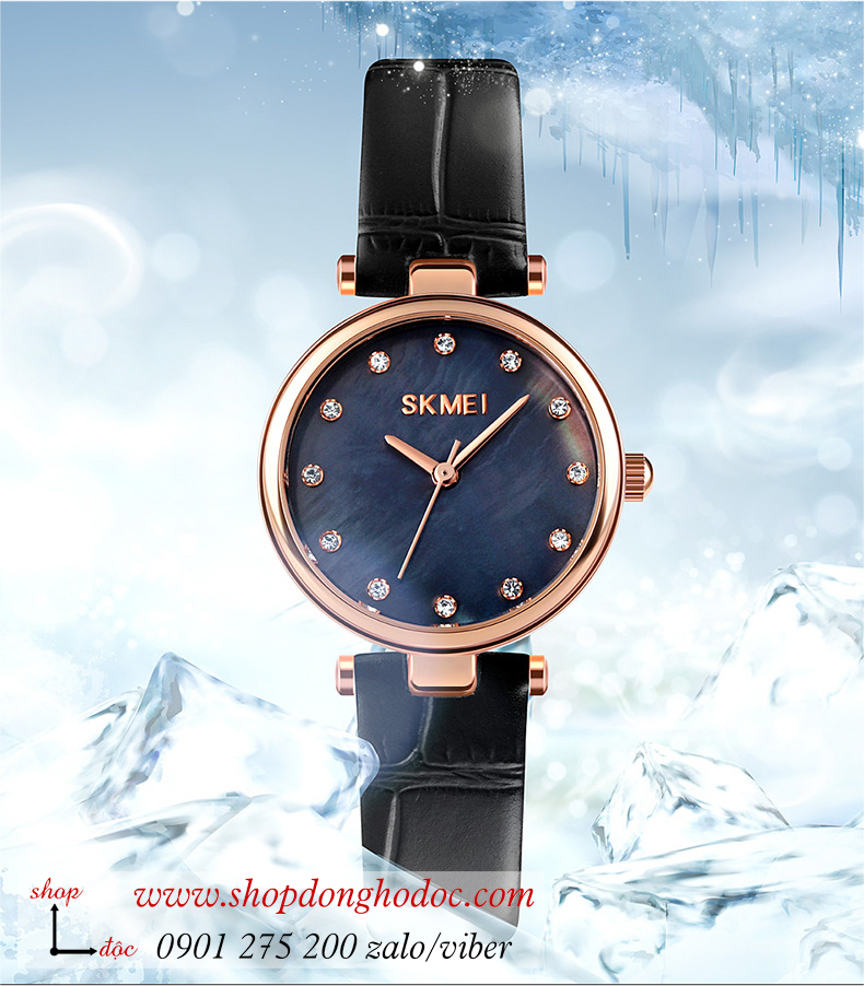 Đồng hồ nữ Skmei dây da mặt tròn size nhỏ xanh cá tính ĐHĐ36704
