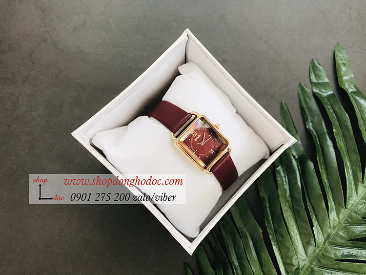 Đồng hồ nữ Skmei dây da mặt vuông size nhỏ đỏ đô quý phái ĐHĐ36803
