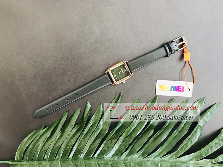 Đồng hồ nữ Skmei dây da mặt vuông size nhỏ xanh lục thời thượng ĐHĐ36804