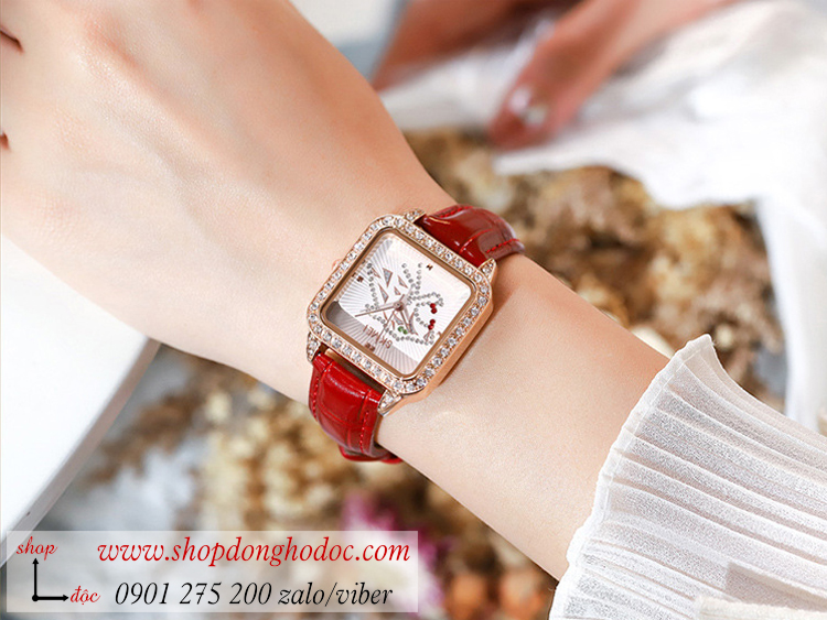 Đồng hồ nữ Skmei dây da mặt vuông đính đá đỏ quyến rũ ĐHĐ36905