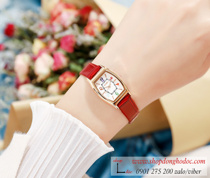 Đồng hồ nữ Skmei dây da mặt chữ nhật oval size nhỏ đỏ quyến rũ ĐHĐ37003