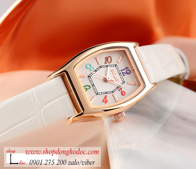 Đồng hồ nữ Skmei dây da mặt chữ nhật oval size nhỏ trắng sang chảnh ĐHĐ37001