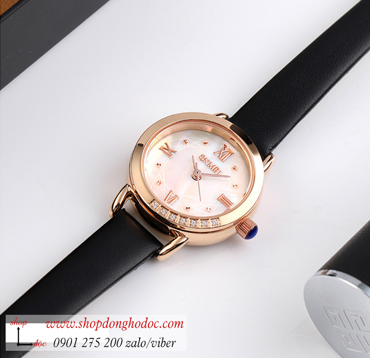 Đồng hồ nữ Skmei dây da mặt tròn size nhỏ đen cá tính ĐHĐ37101