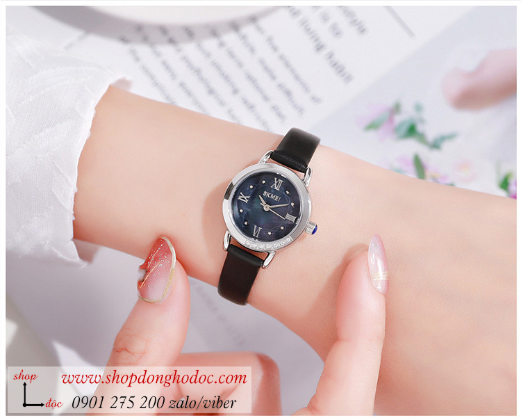 Đồng hồ nữ Skmei dây da mặt tròn size nhỏ mặt xanh độc lạ ĐHĐ37105